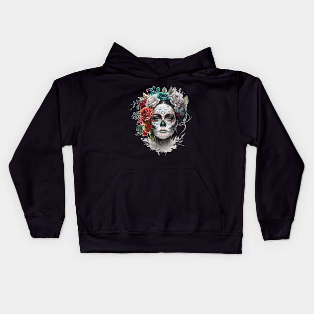 Sugar Skull Calavera Mexican Women Dia De Los Muertos Kids Hoodie by KAWAIIBYHM